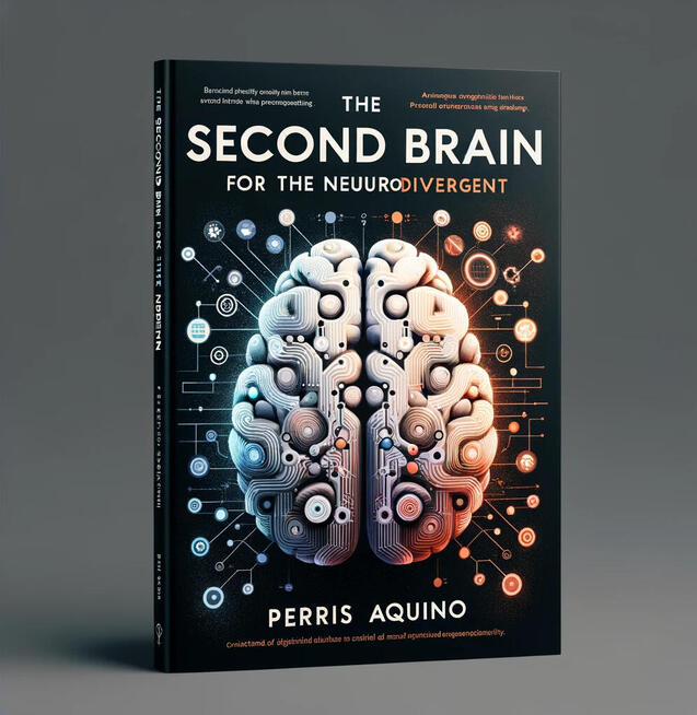 Black book titled "THE SECOND BRAIN FOR THE NEURODIVERGENT" with an image of a graphic of a technical view of a brain. Author Perris Aquino.